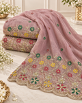 Sage Green Multicolor Floral Embroidered Scallop Border Fabric