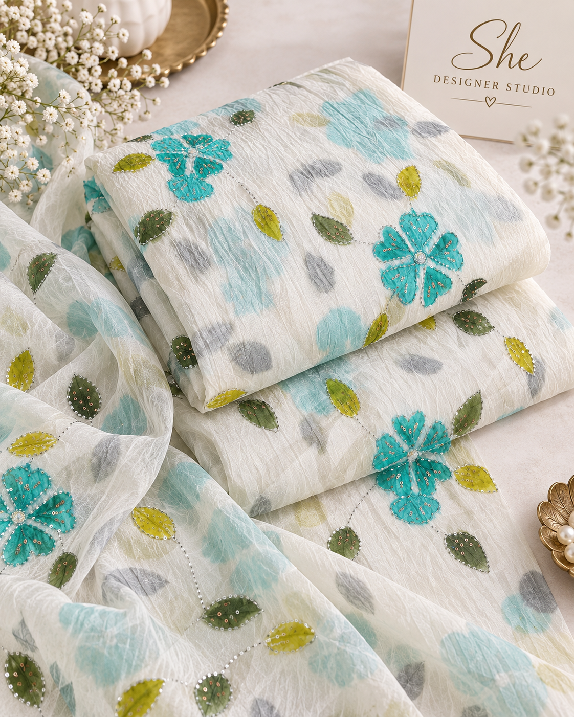 Aqua Bloom Embroidered Crushed Organza Fabric