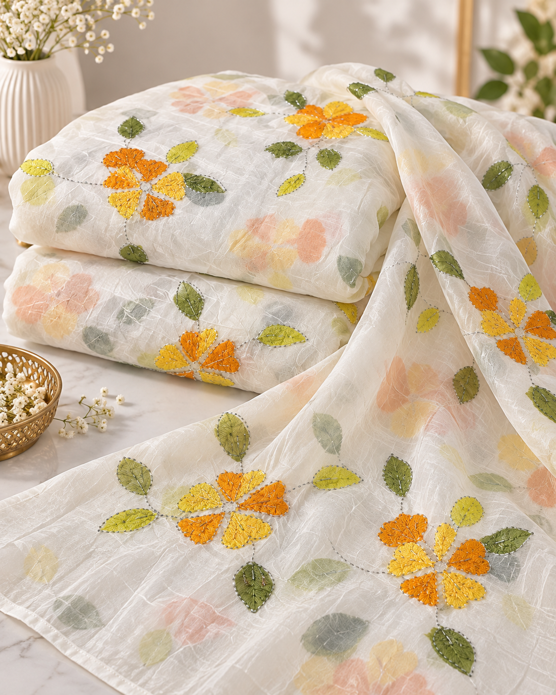 Aqua Bloom Embroidered Crushed Organza Fabric