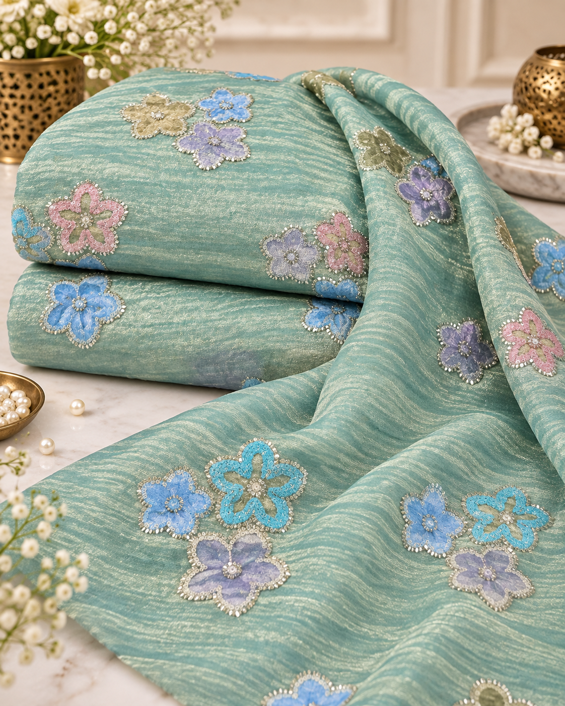 Aqua Mint Multicolor Floral Sequin Embroidered Fabric
