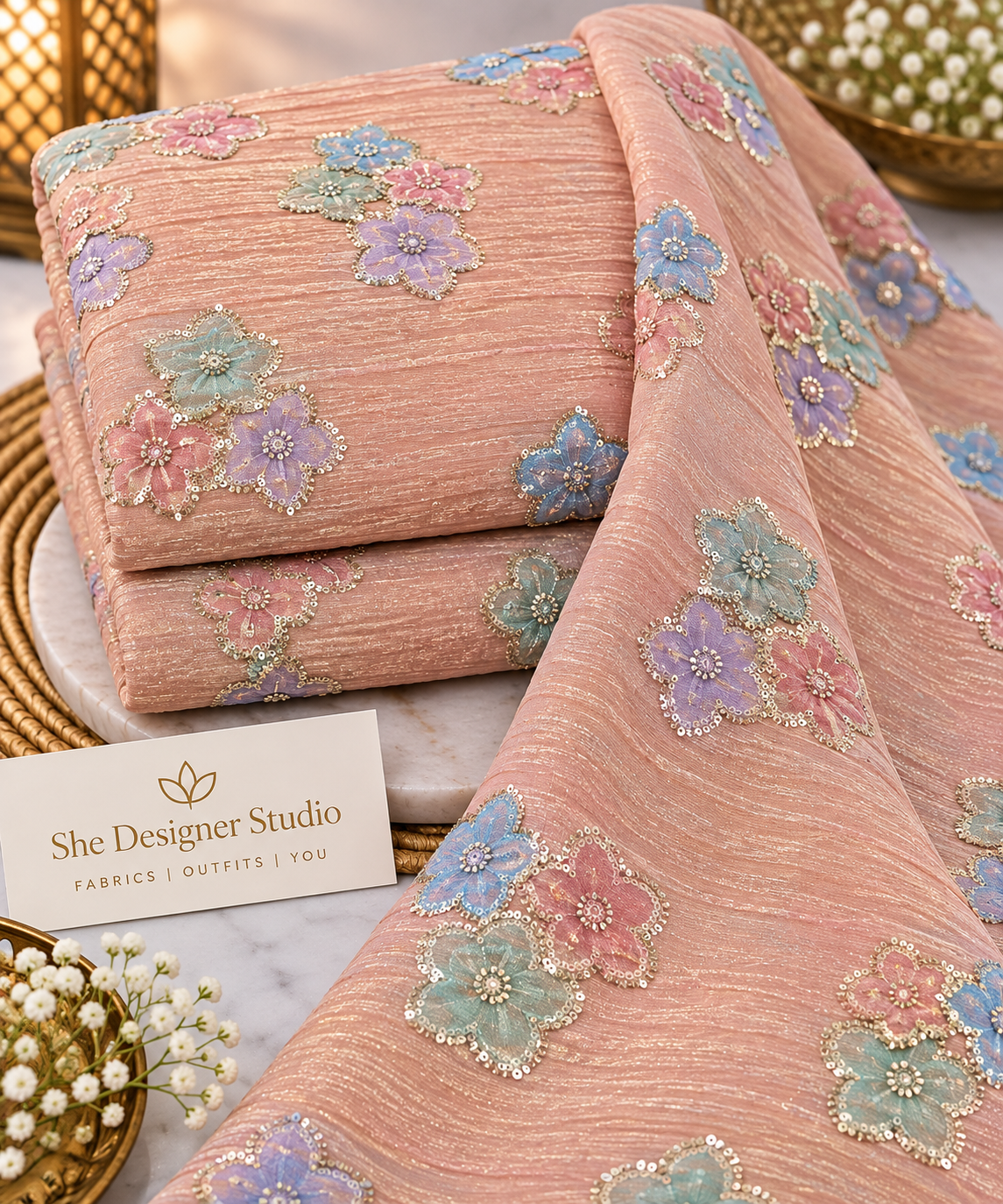 Blush Peach Multicolor Floral Sequin Embroidered Fabric