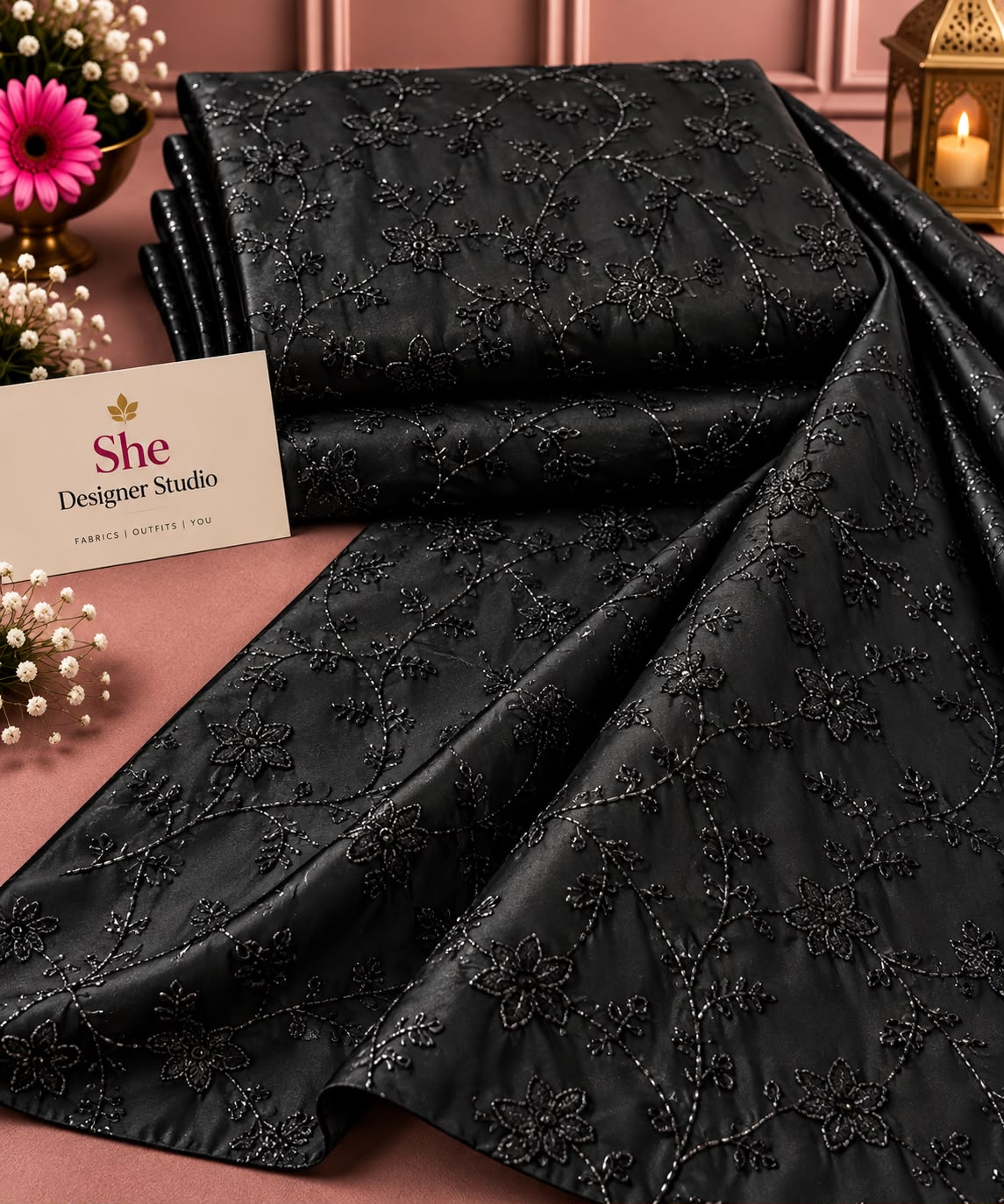 Midnight Black Floral Vine Tonal Embroidered Fabric