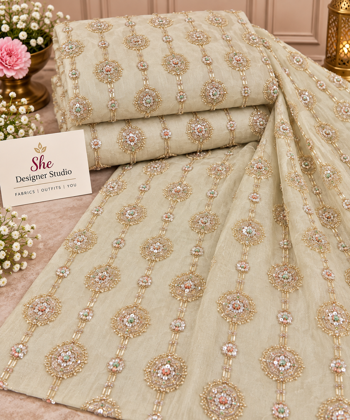 Ivory Pearl Medallion Embroidered Fabric