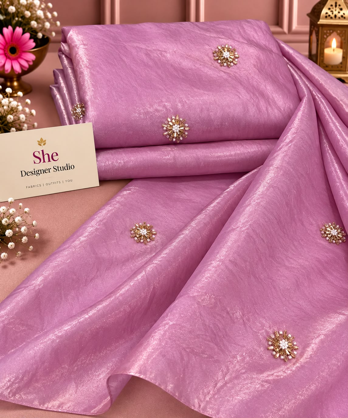 Orchid Pink Shimmer Fabric with Pearl Floral Butti