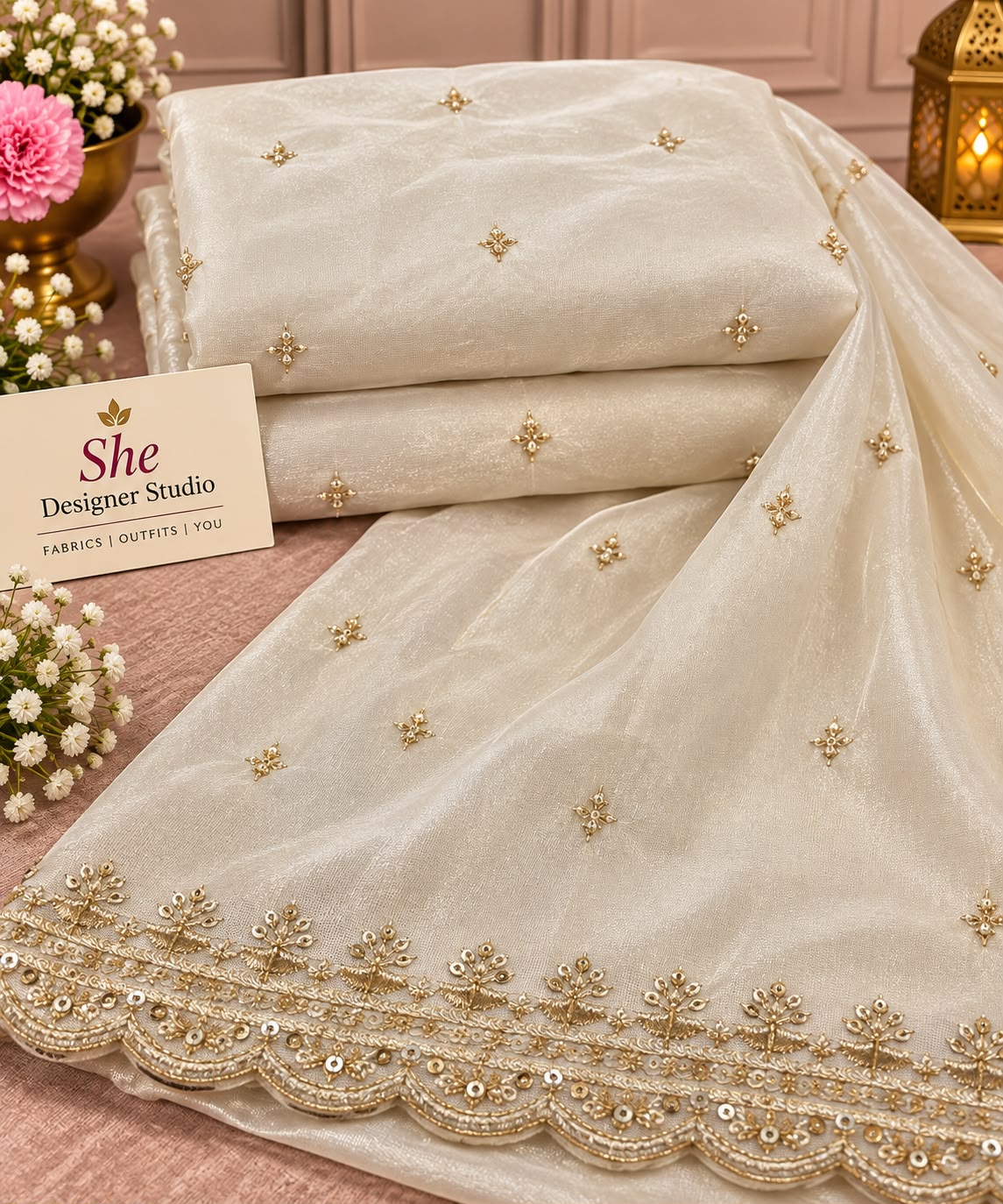 Ivory Gold Scallop Border Embroidered Fabric