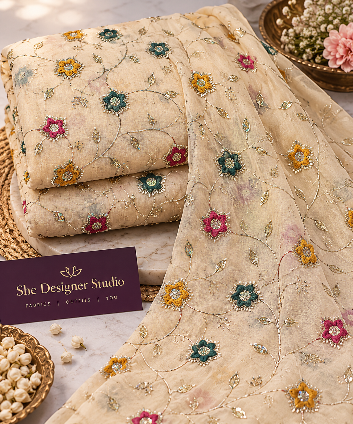 Ivory Multicolor Floral Vine Sequin Embroidered Fabric