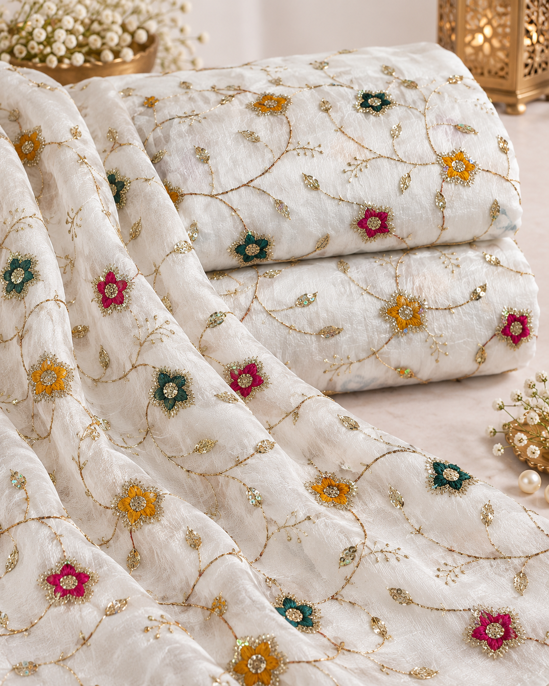 Pearl White Multicolor Floral Vine Sequin Embroidered Fabric