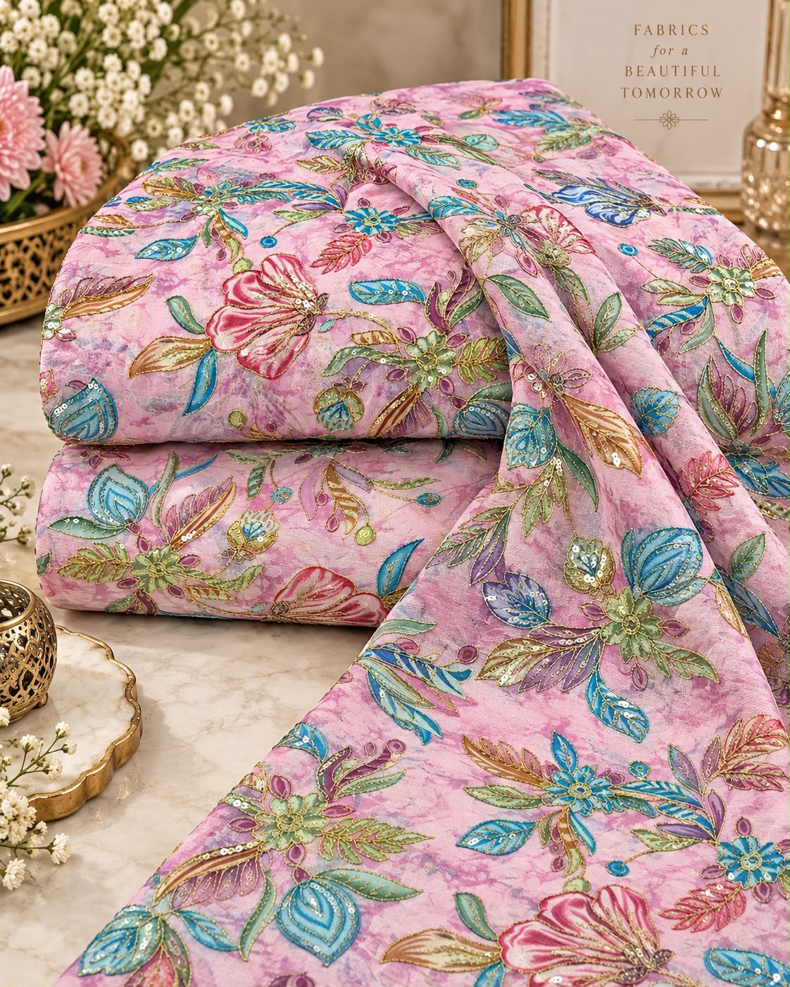 Blush Pink Multicolour Botanical Floral Embellished Fabric