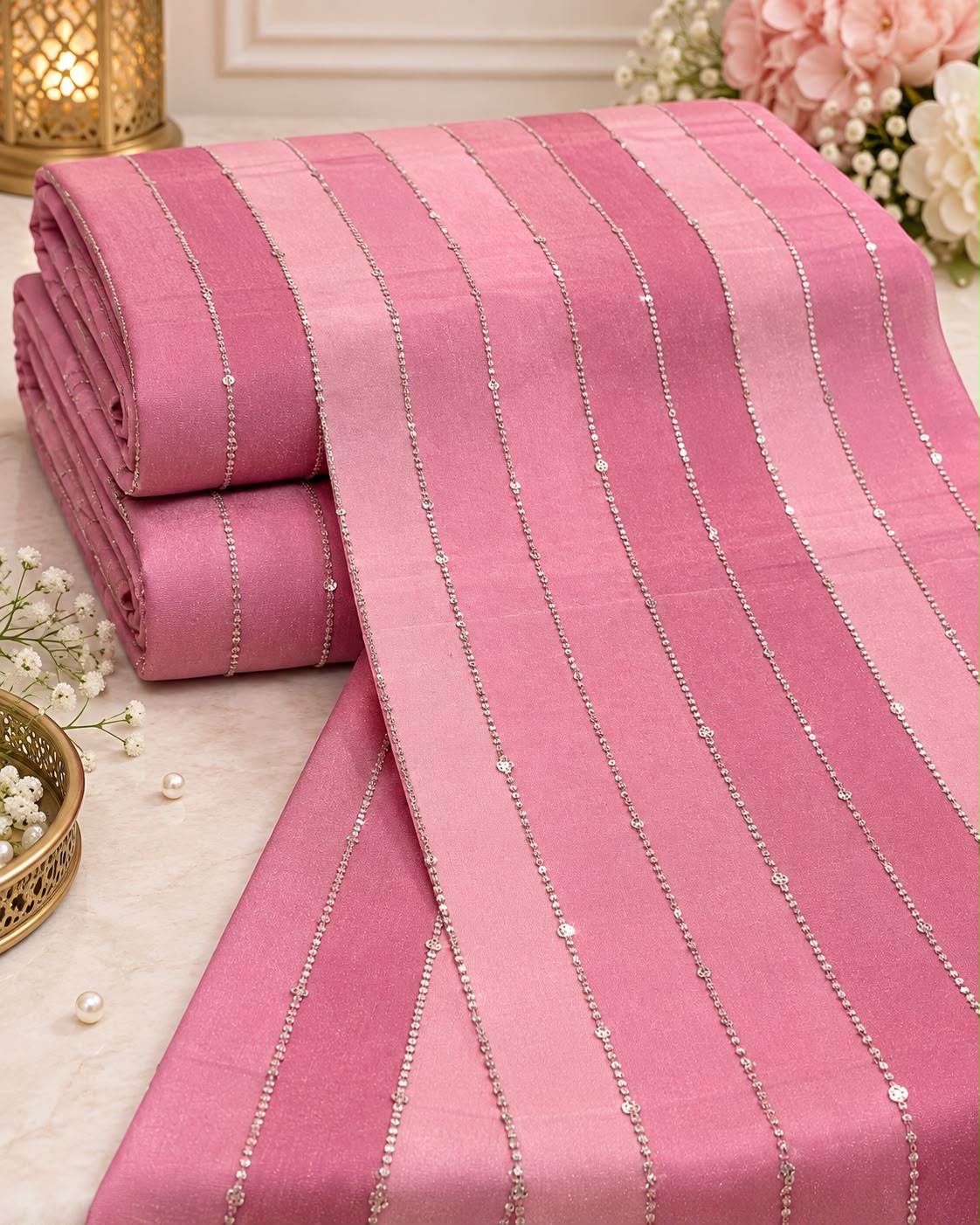 Rose Pink Linear Sequin Embellished Fabric
