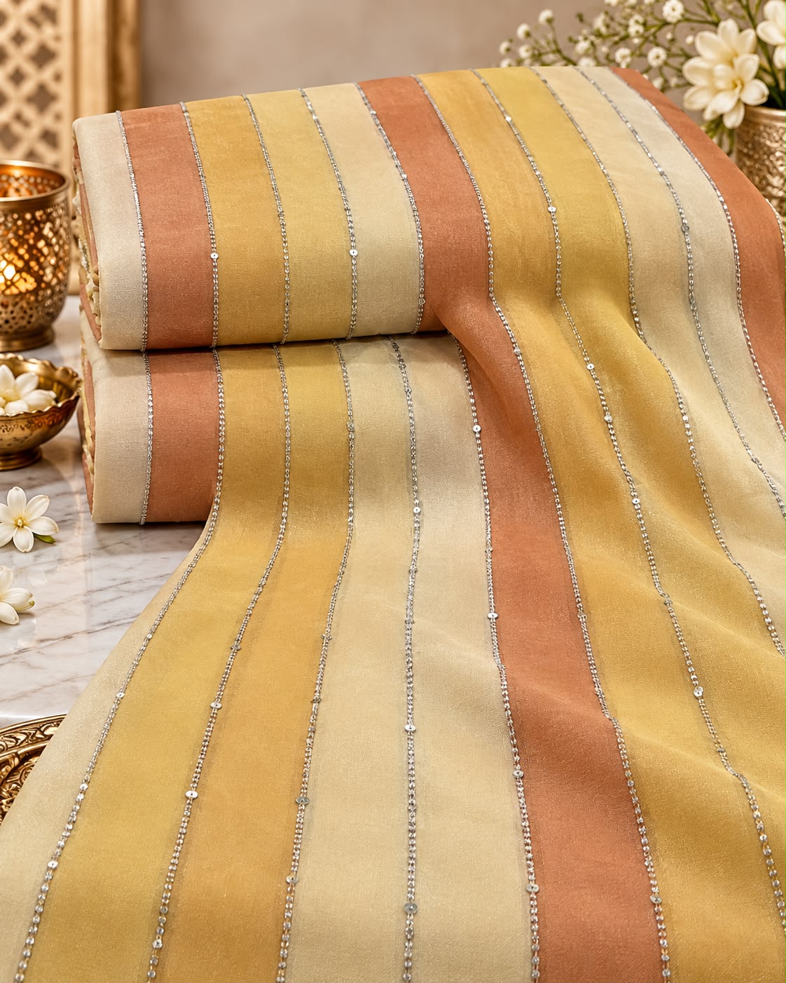 Champagne Gold Multicolour Striped Sequin Fabric