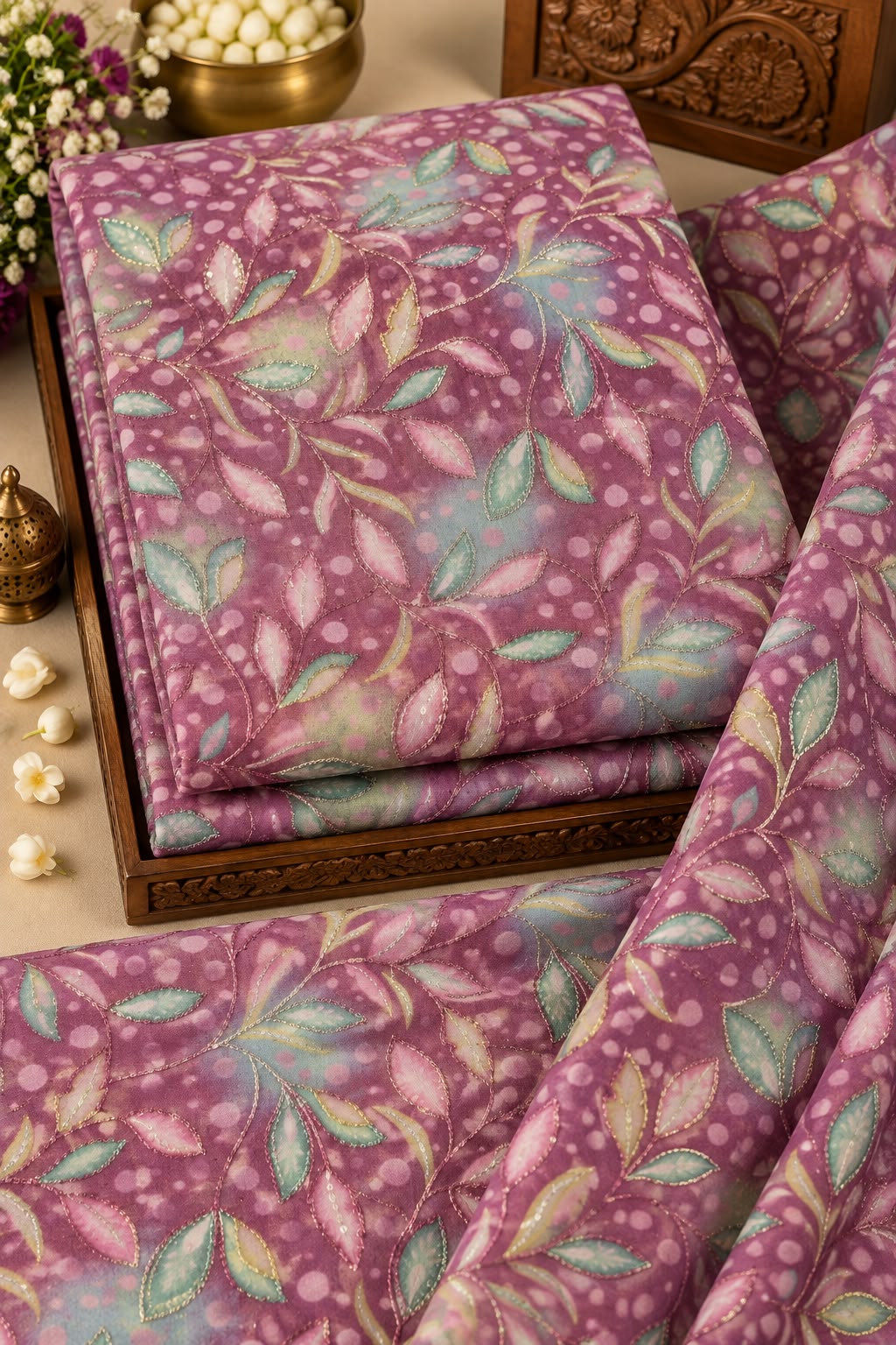 Royal Plum Pastel Leaf Vine Embellished Fabric