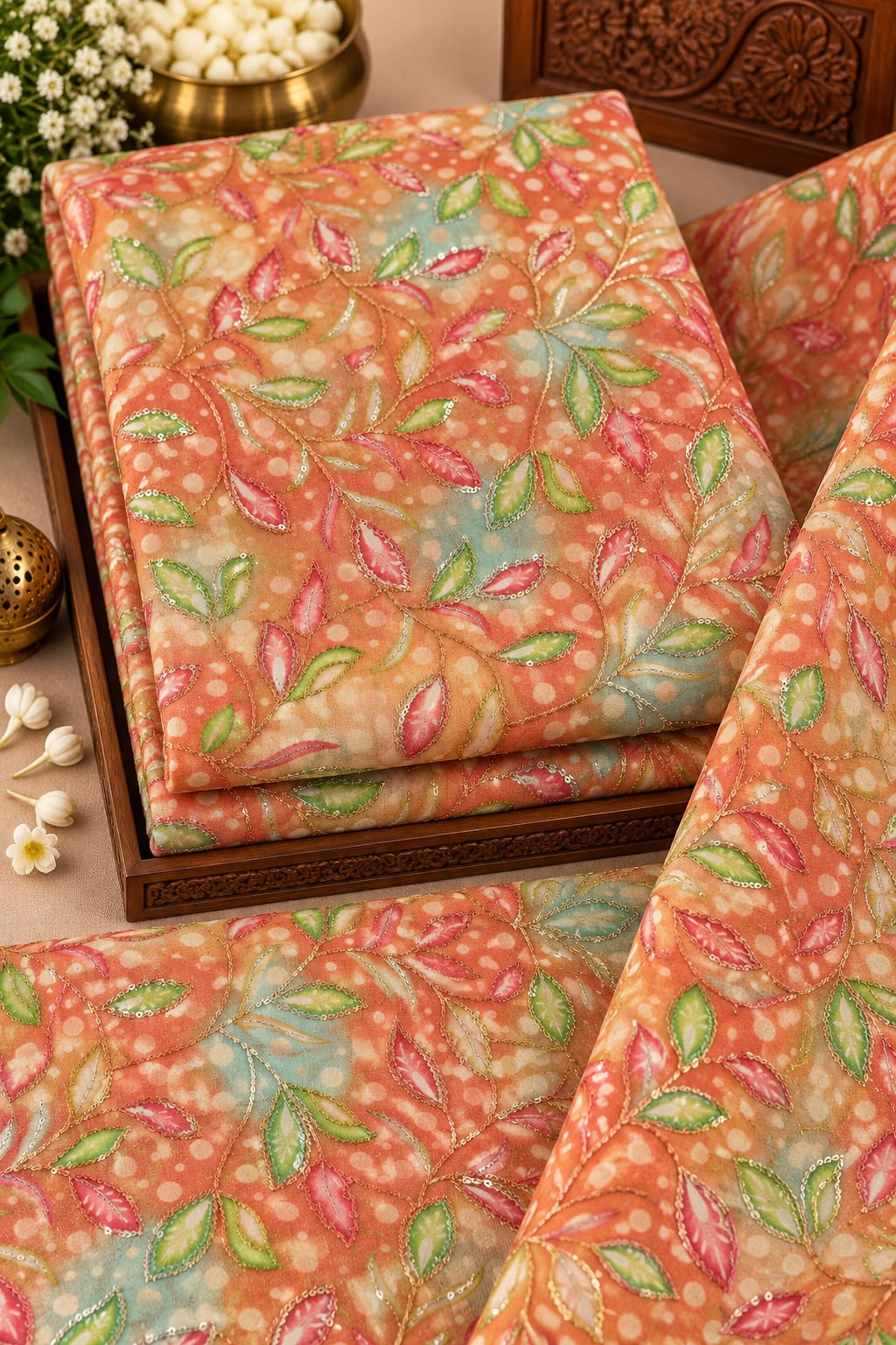 Peach Multicolour Leaf Vine Embellished Fabric