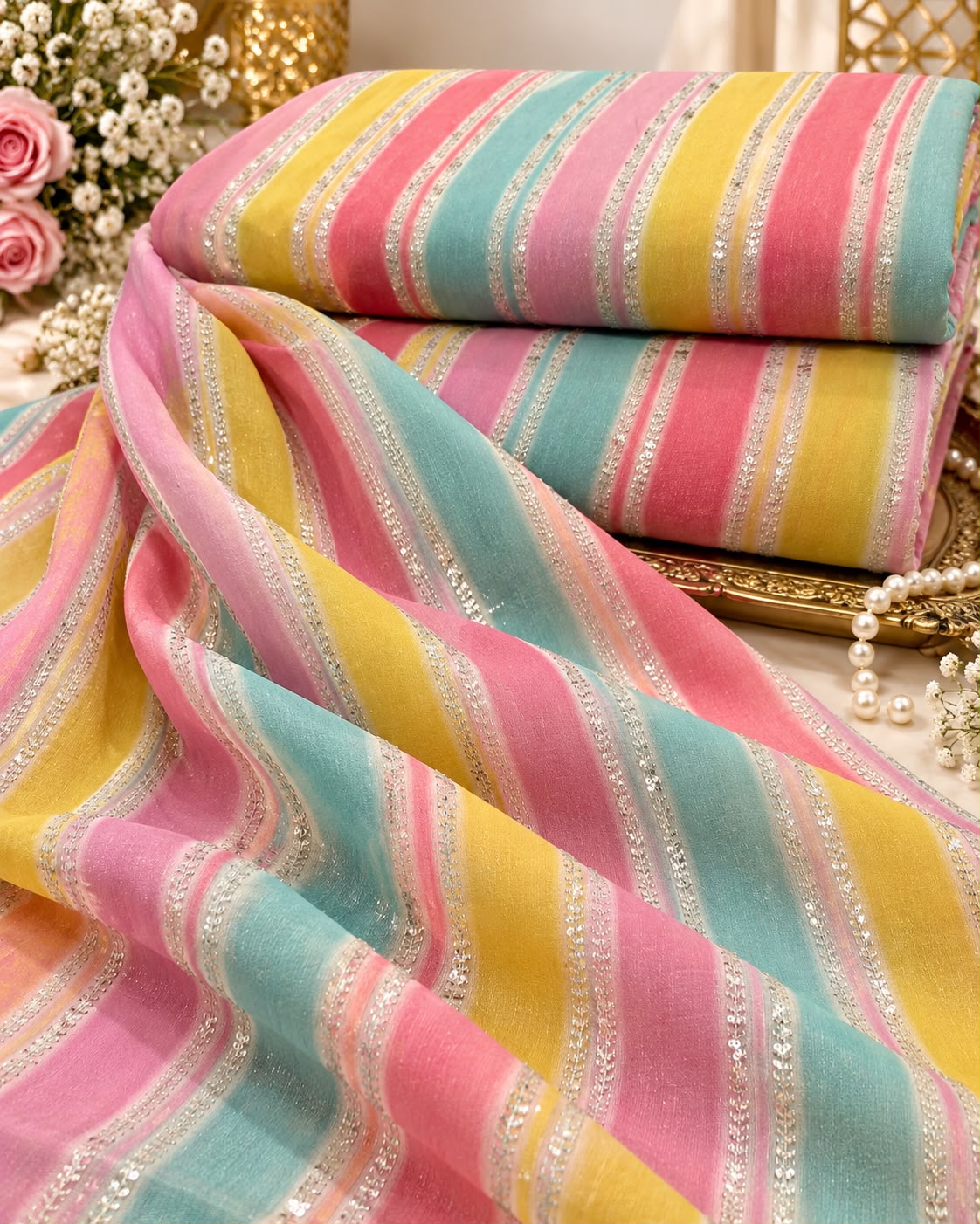 Pastel Rainbow Multicolour Striped Sequin Fabric