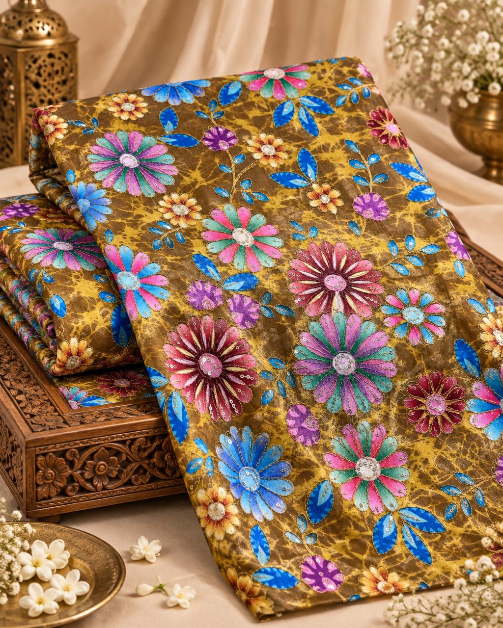Antique Mustard Multicolour Floral Embellished Fabric
