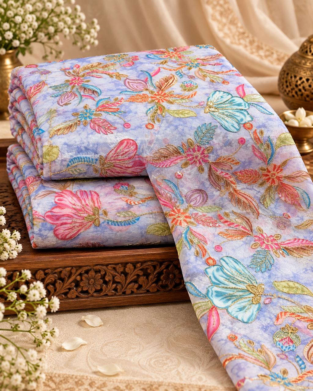 Powder Blue Multicolour Botanical Floral Embellished Fabric