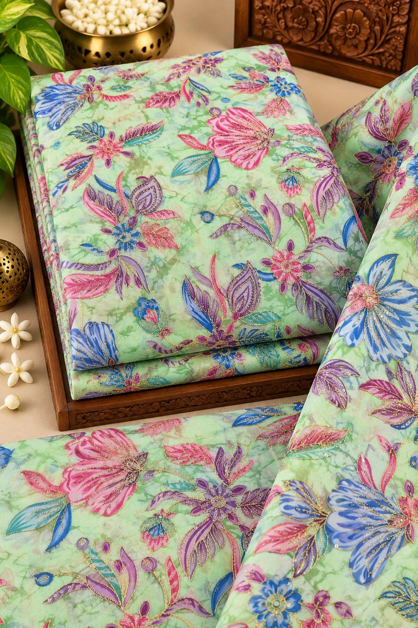 Mint Green Multicolour Floral Embellished Fabric