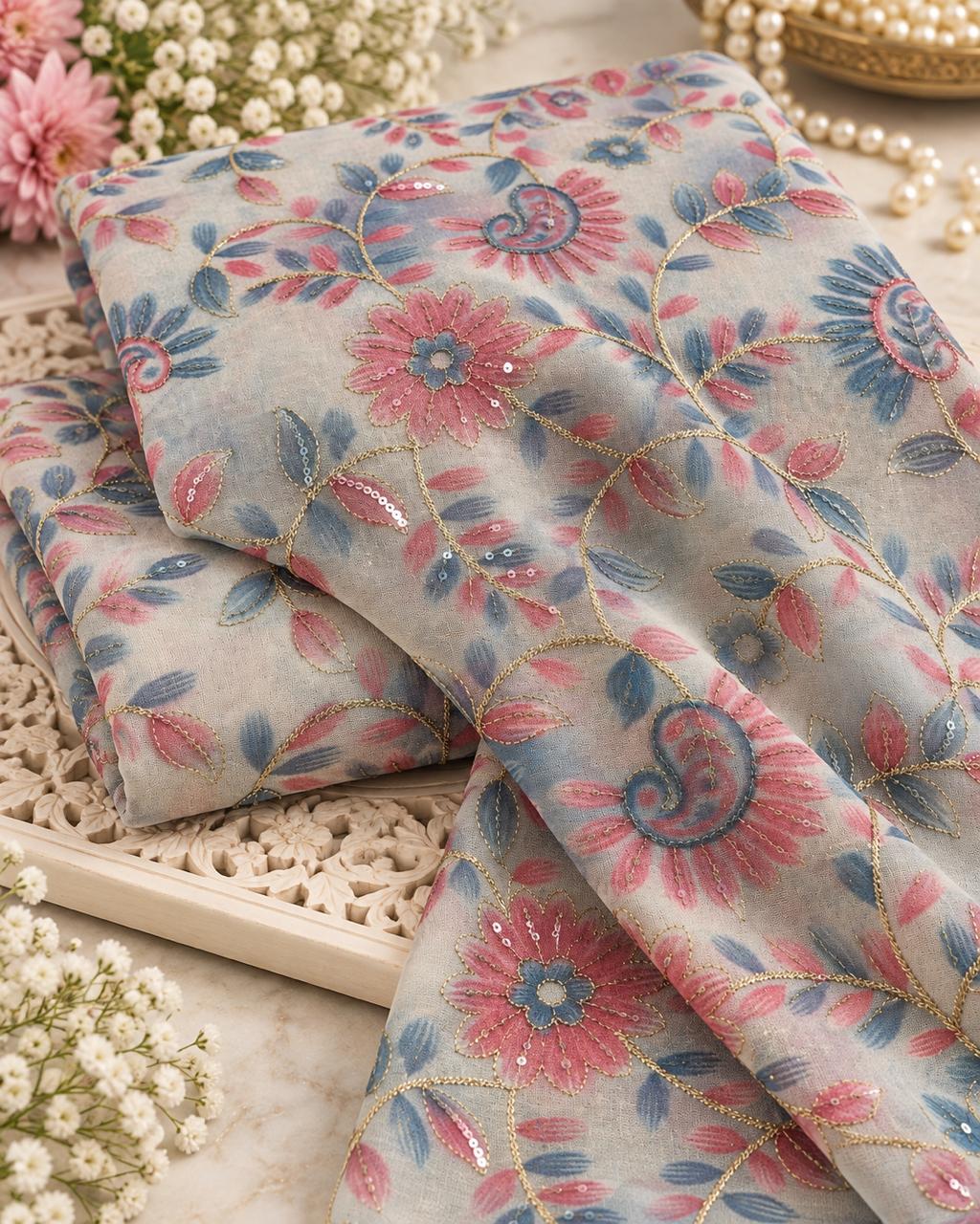Mist Grey Pink Floral Vine Embellished Fabric