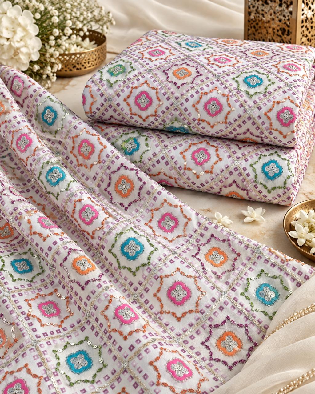 Ivory Multicolour Geometric Sequin Fabric