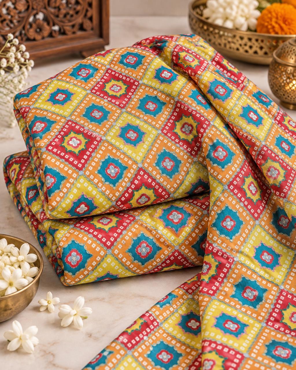 Festive Orange Multicolour Geometric Sequin Fabric