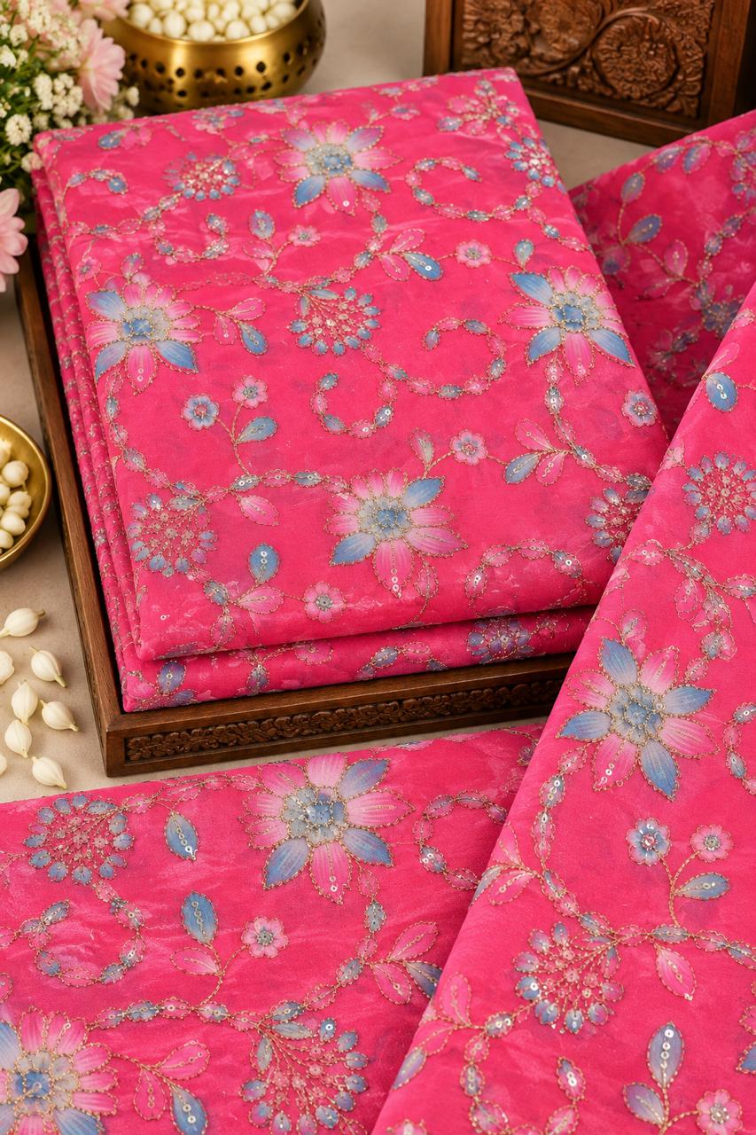 Rani Pink Blue Floral Vine Embellished Fabric
