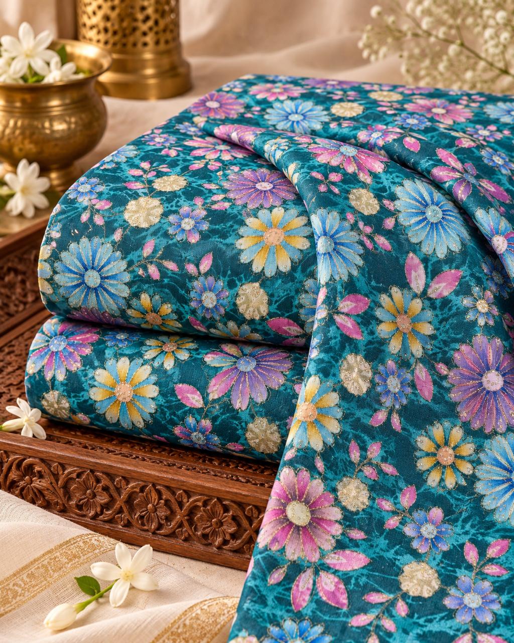 Teal Blue Multicolour Floral Embellished Fabric