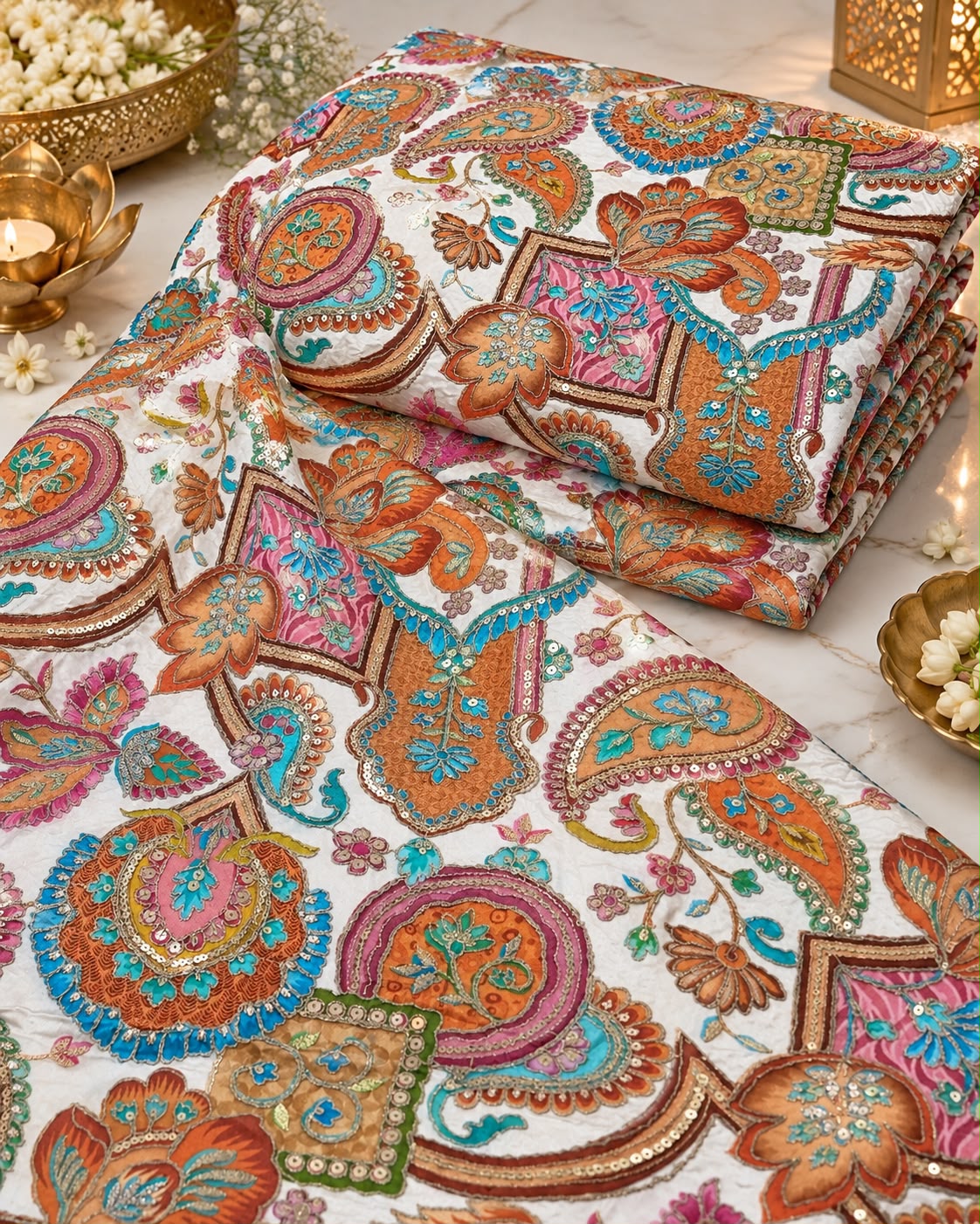 Ivory Multicolour Heritage Paisley Sequin Fabric