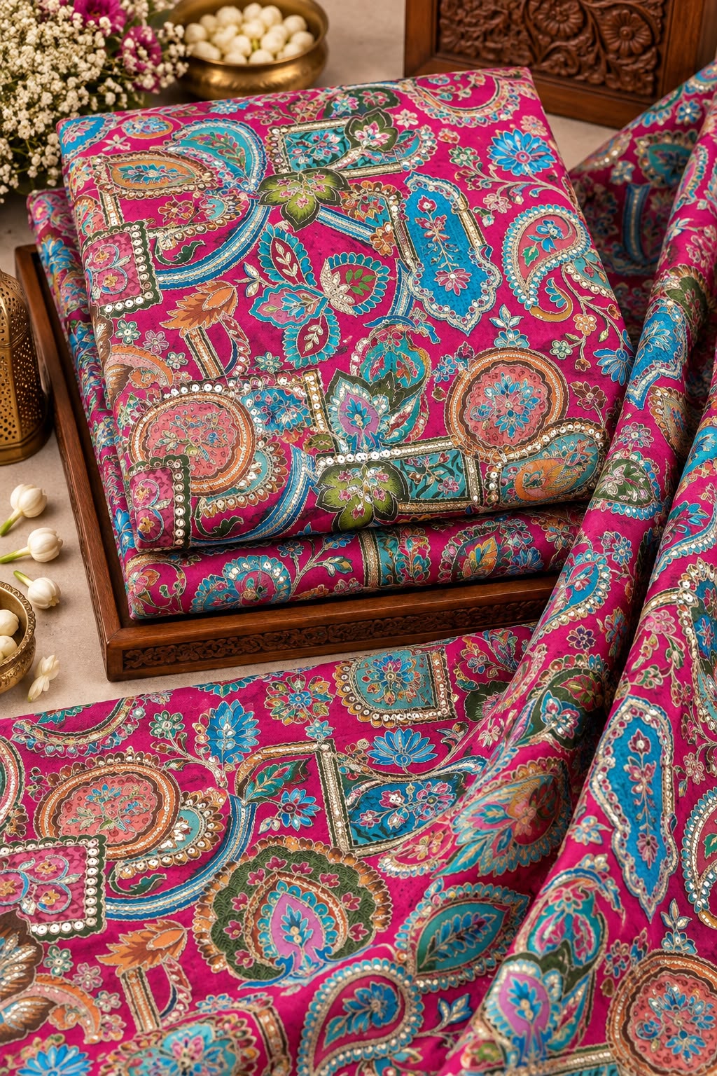 Rani Pink Multicolour Heritage Paisley Sequin Fabric