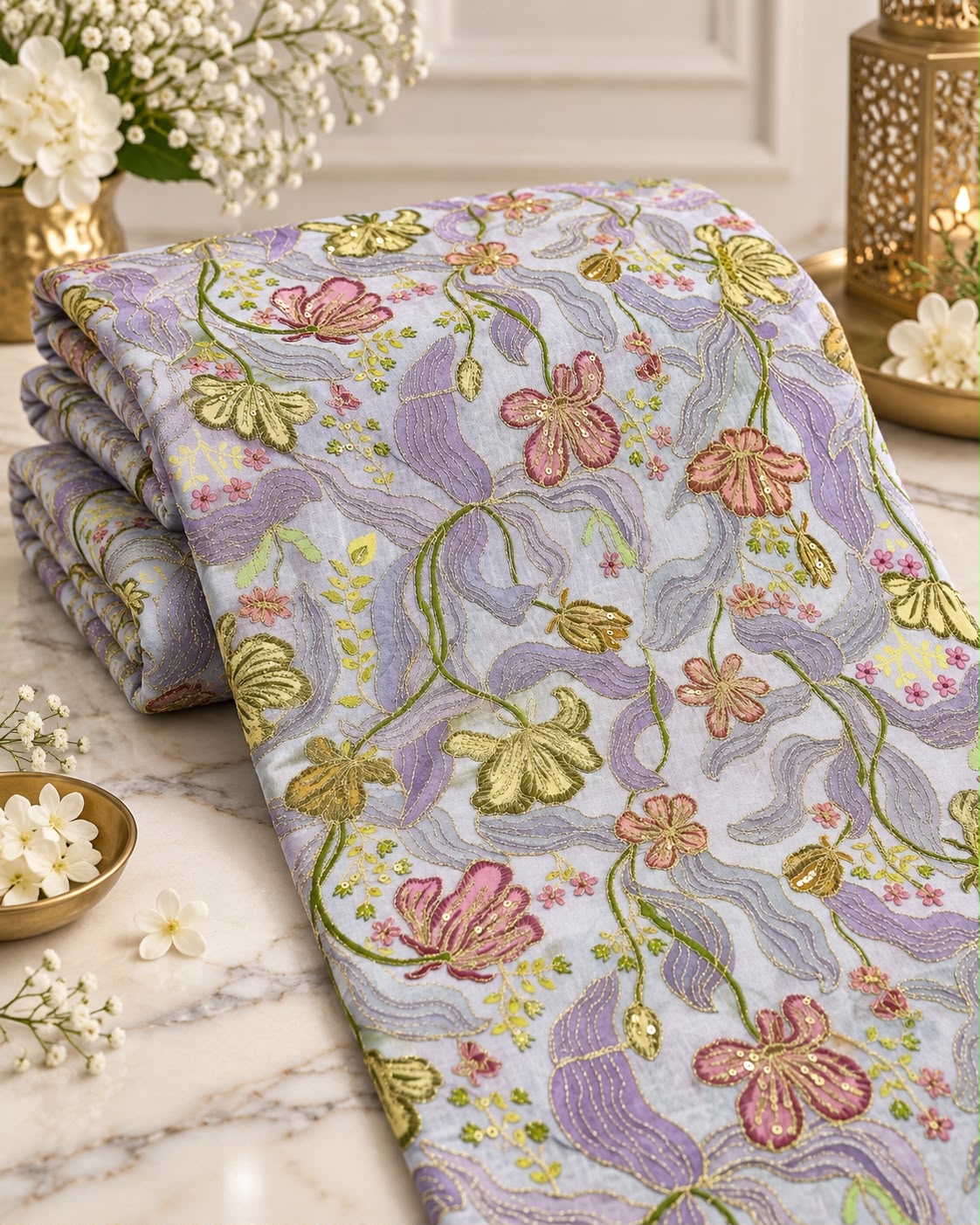 Ivory Blush Botanical Floral Sequin Fabric