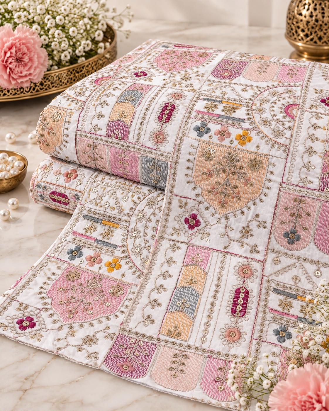 Ivory Pastel Patchwork Embroidered Sequin Fabric