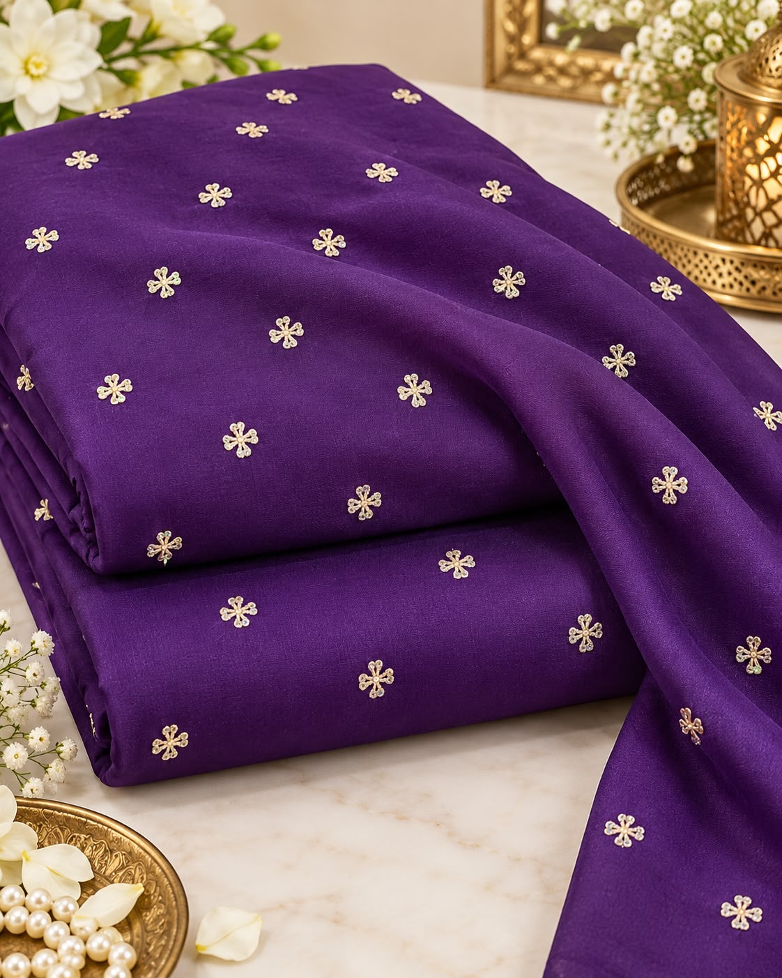 Royal Purple Mini Floral Butti Embellished Fabric