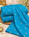 Turquoise Blue Mini Floral Butti Embellished Fabric