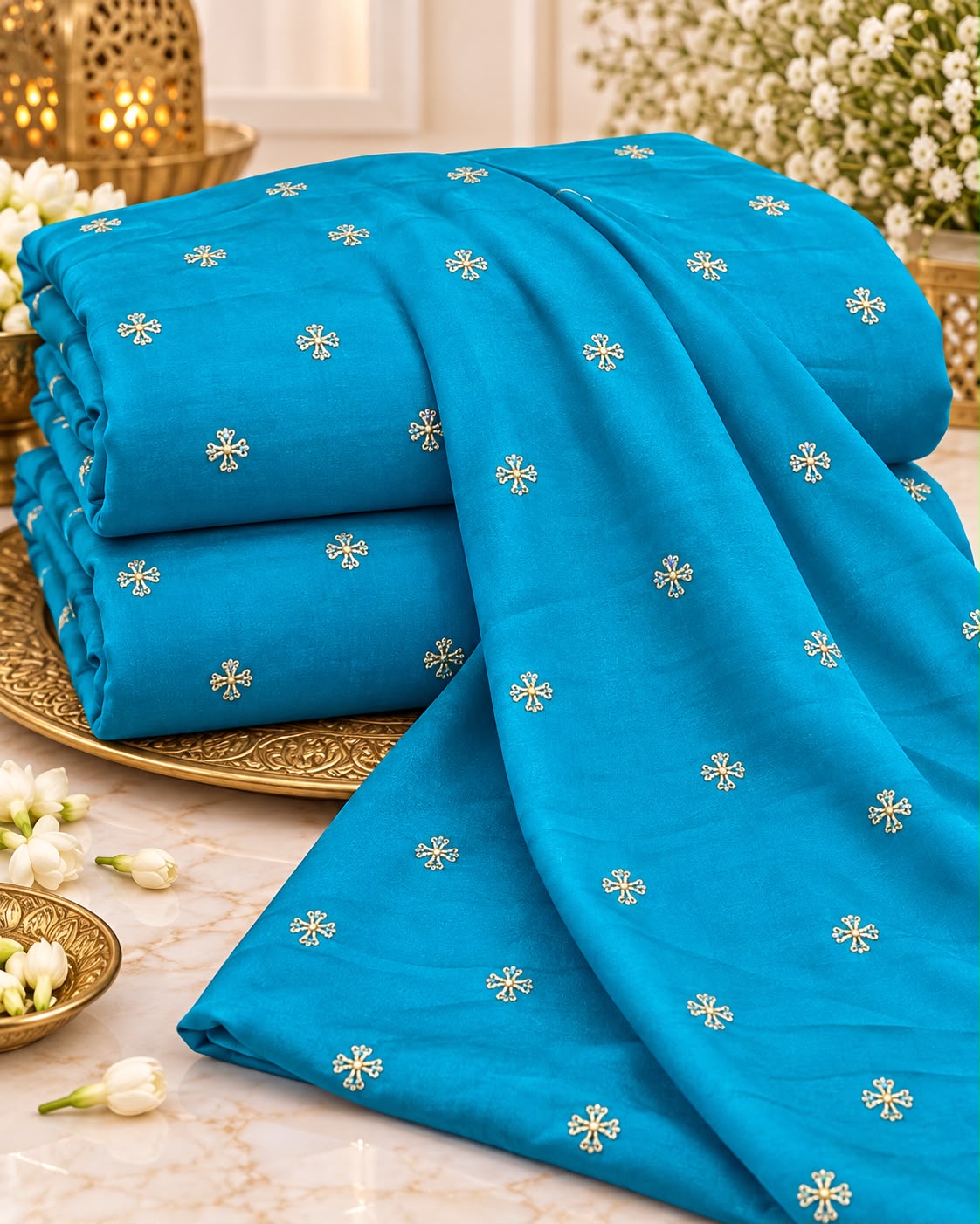 Turquoise Blue Mini Floral Butti Embellished Fabric