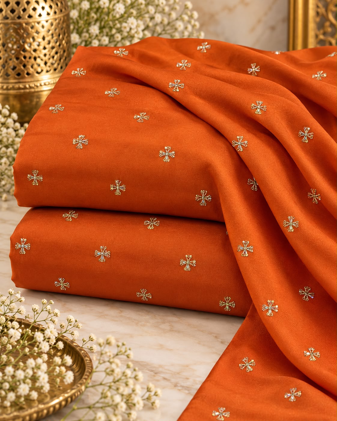 Burnt Orange Mini Floral Butti Embellished Fabric