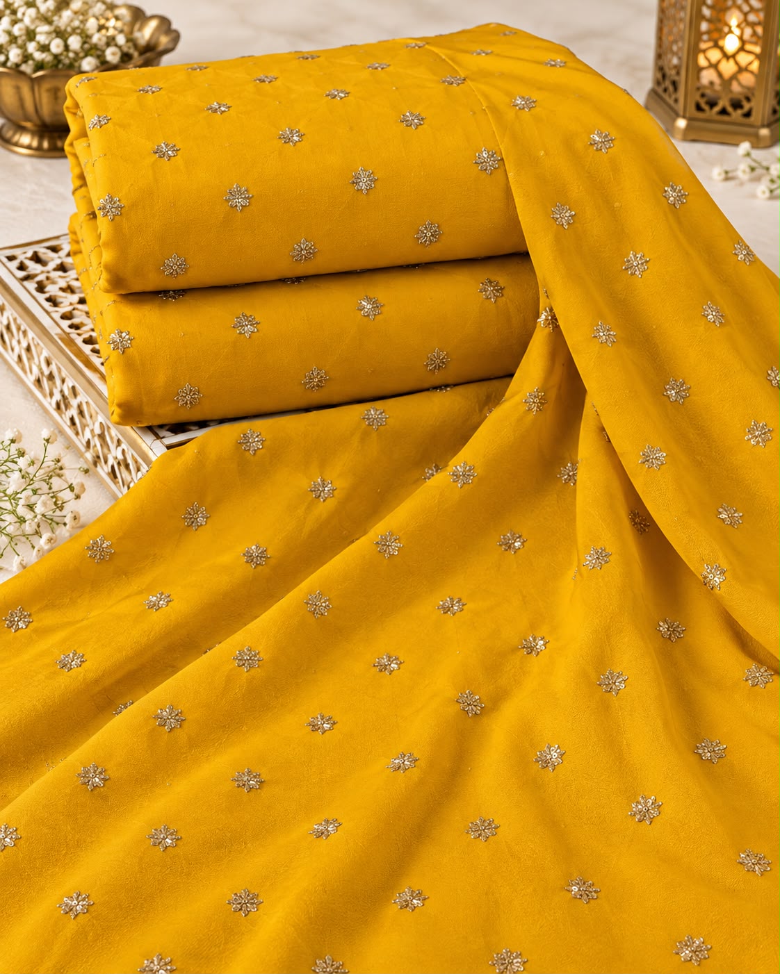 Mustard Yellow Mini Floral Butti Embellished Fabric