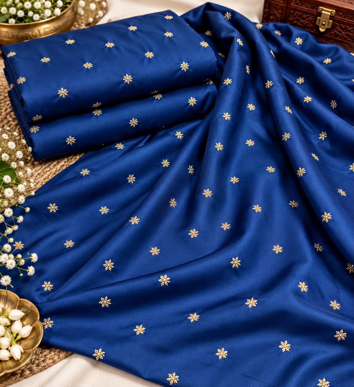 Royal Blue Mini Floral Butti Embellished Fabric