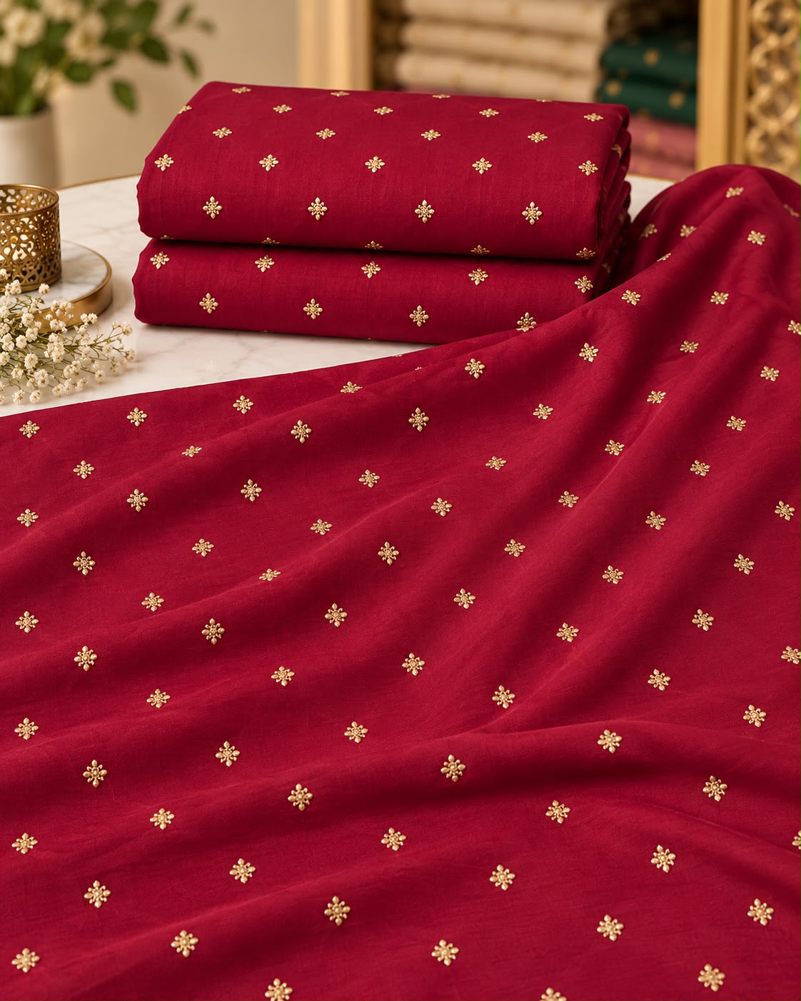 Ruby Maroon Mini Floral Butti Embellished Fabric