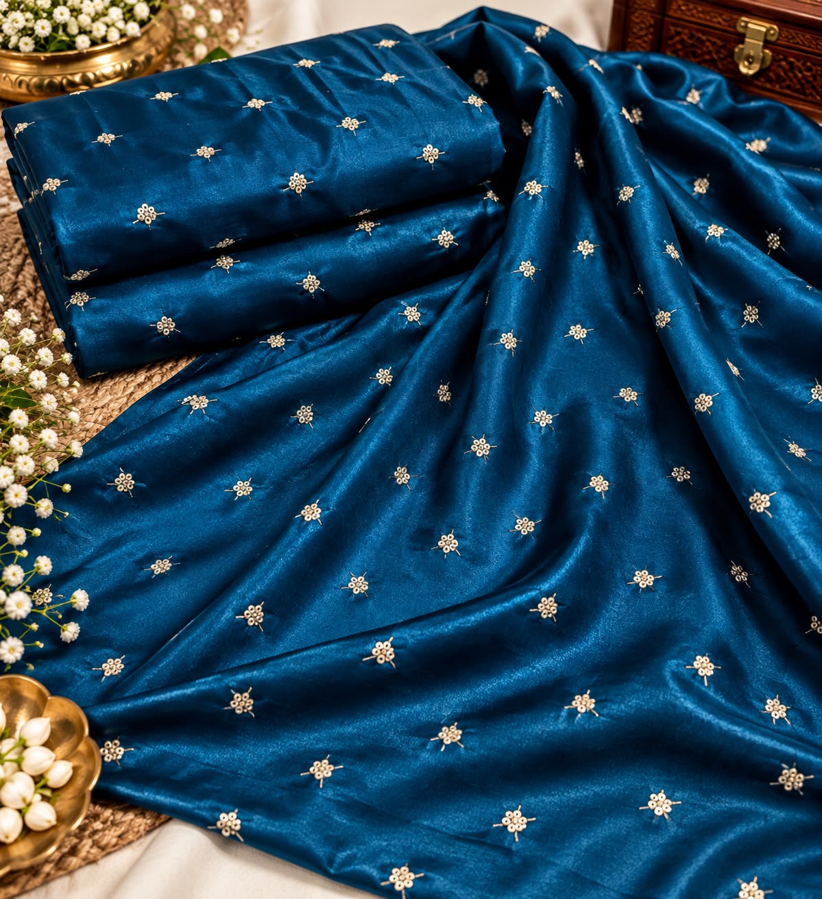 Peacock Blue Shimmer Floral Butti Embellished Fabric