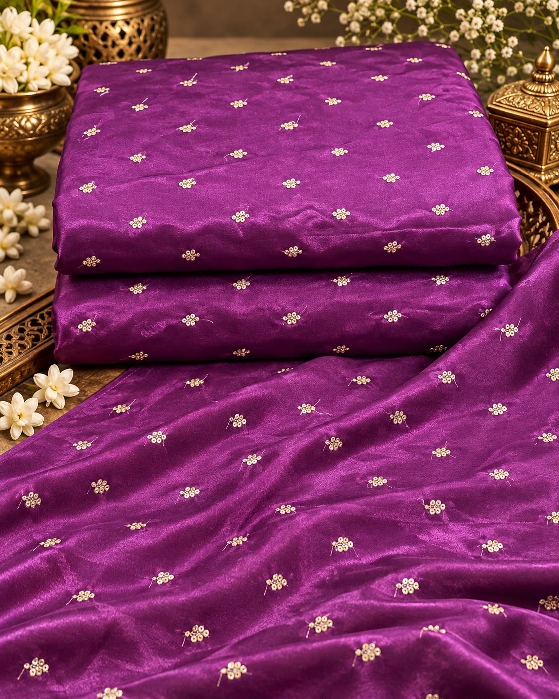 Royal Purple Shimmer Floral Butti Embellished Fabric