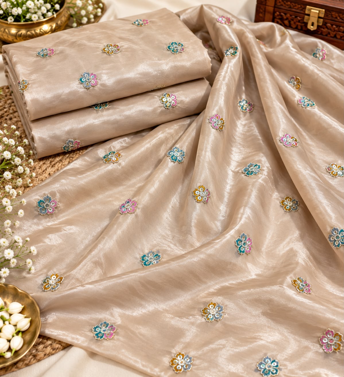 Champagne Beige Multicolour Floral Butti Embellished Fabric