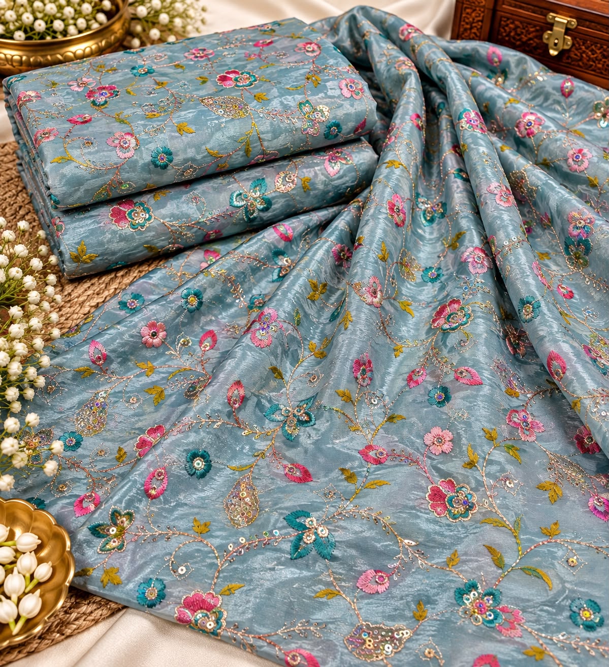 Champagne Beige Multicolour Floral Vine Embroidered Fabric