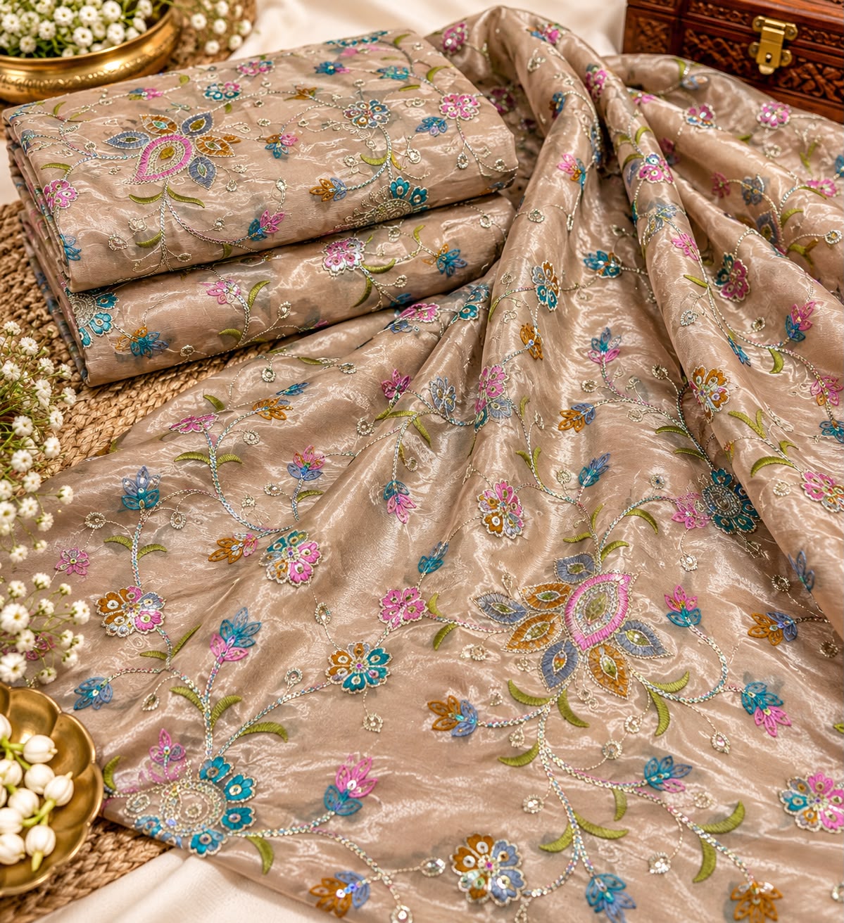 Mist Blue Multicolour Floral Vine Embroidered Fabric