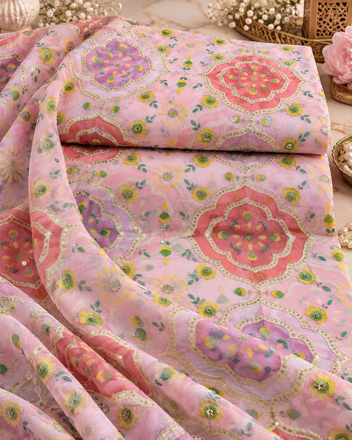 Pastel Blue & Green Mughal Medallion Embellished Fabric
