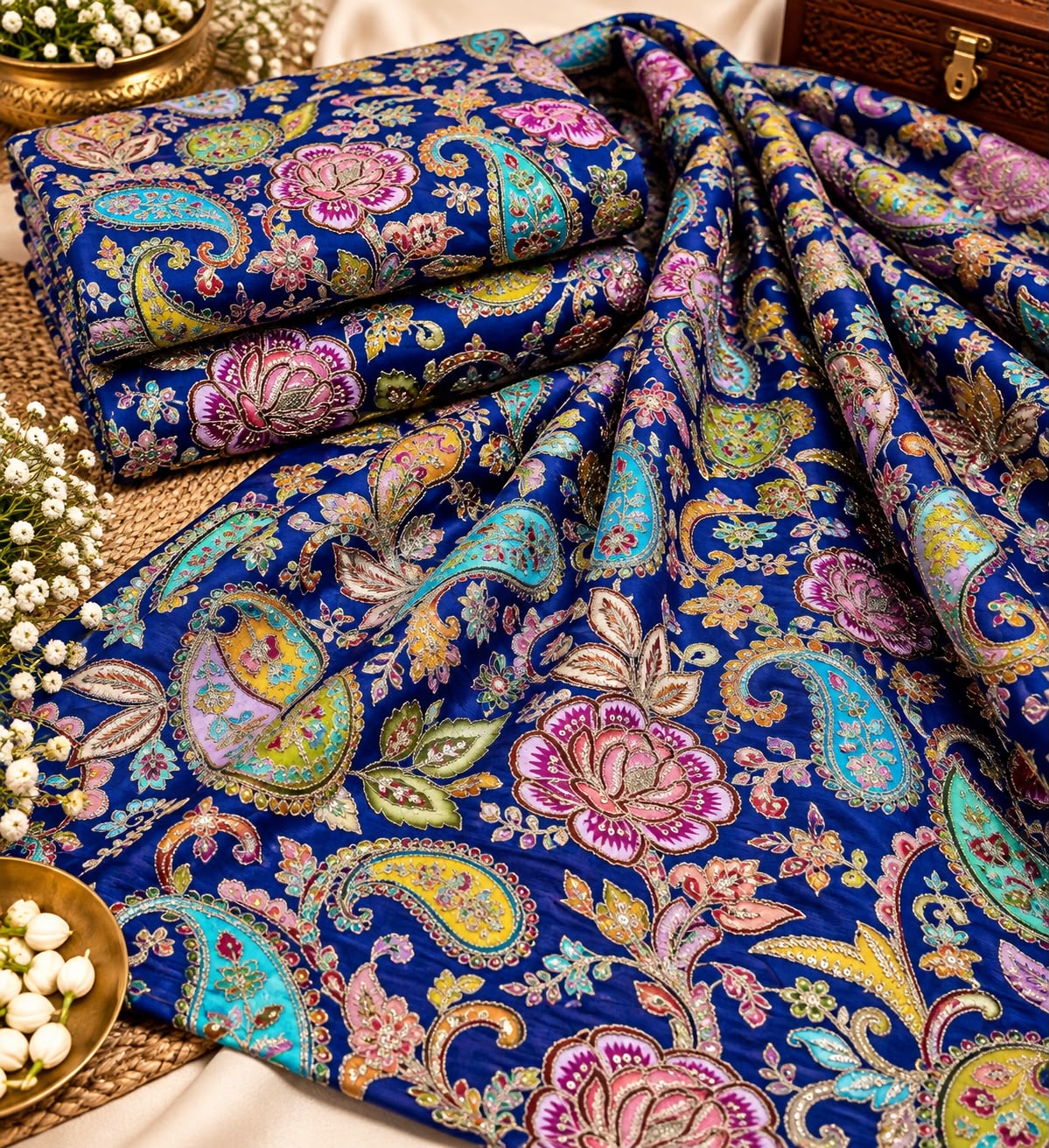 Royal Blue Multicolour Paisley Floral Embellished Fabric