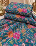Teal Blue Multicolour Floral Embellished Fabric