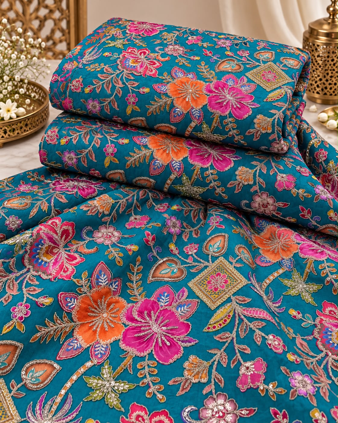 Teal Blue Multicolour Floral Embellished Fabric