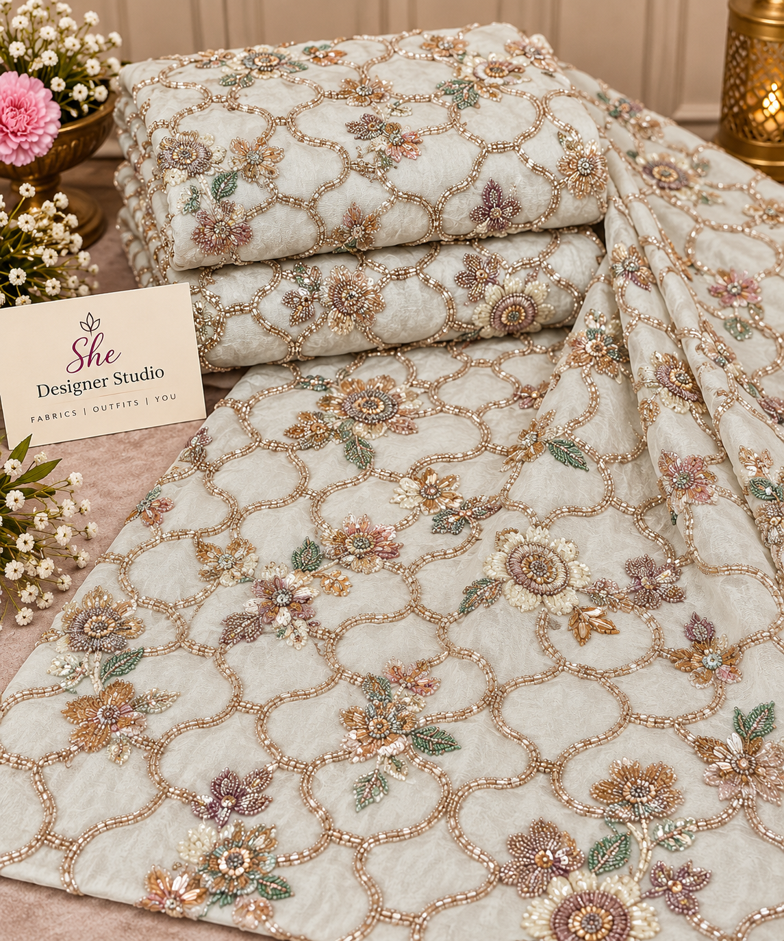 Ivory Champagne Floral Bead & Sequin Embroidered Fabric