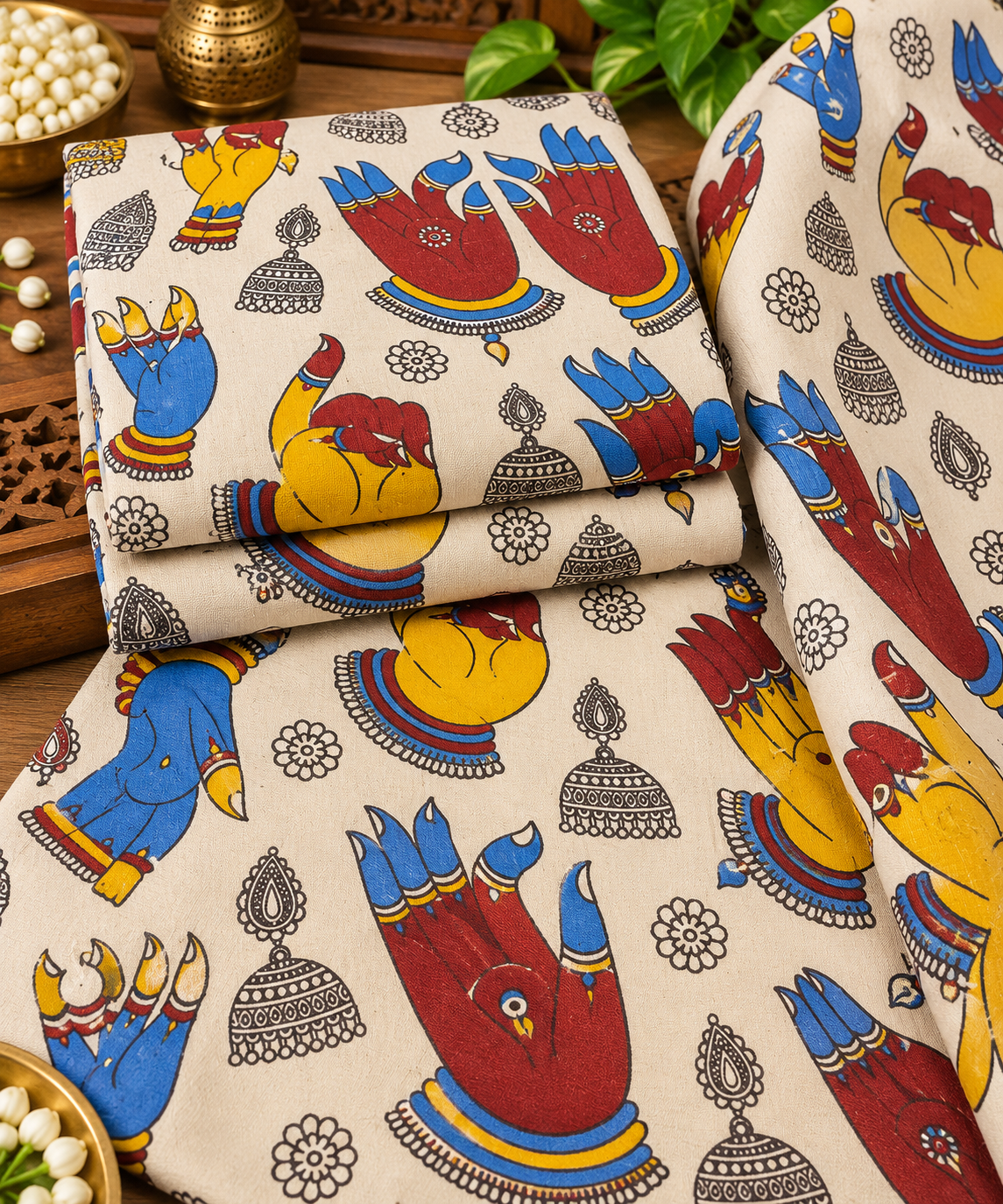 Ivory Traditional Hand Mudra Print Fabric