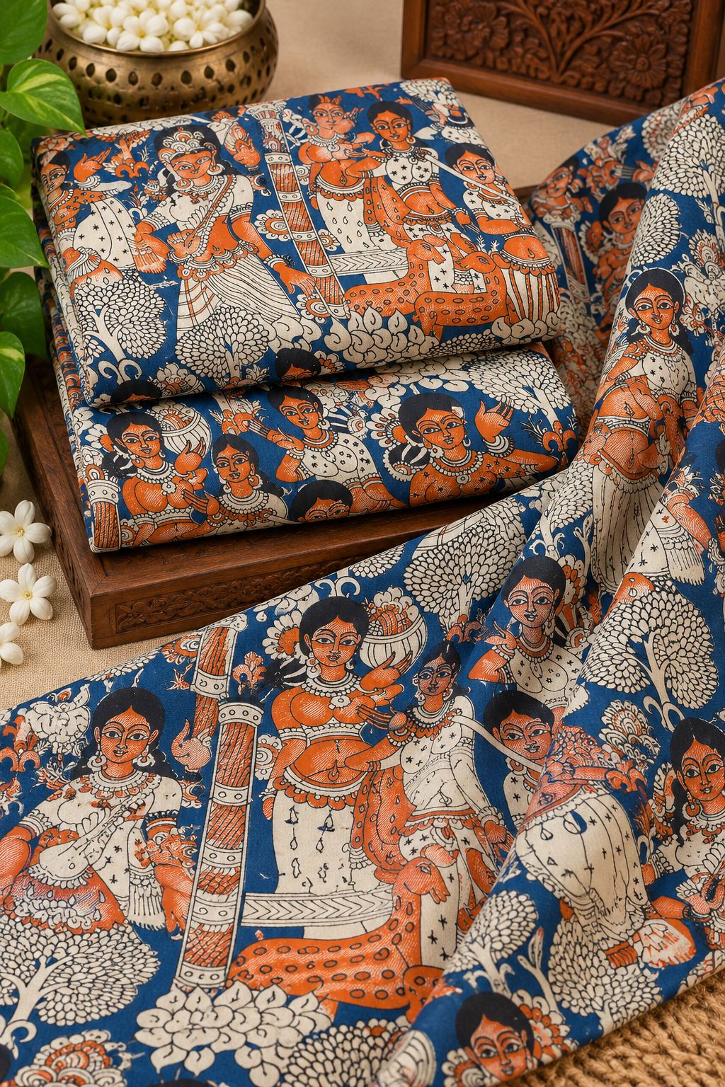 Indigo Orange Folk Heritage Kalamkari Fabric