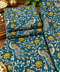 Teal Peacock & Lotus Kalamkari Print Fabric