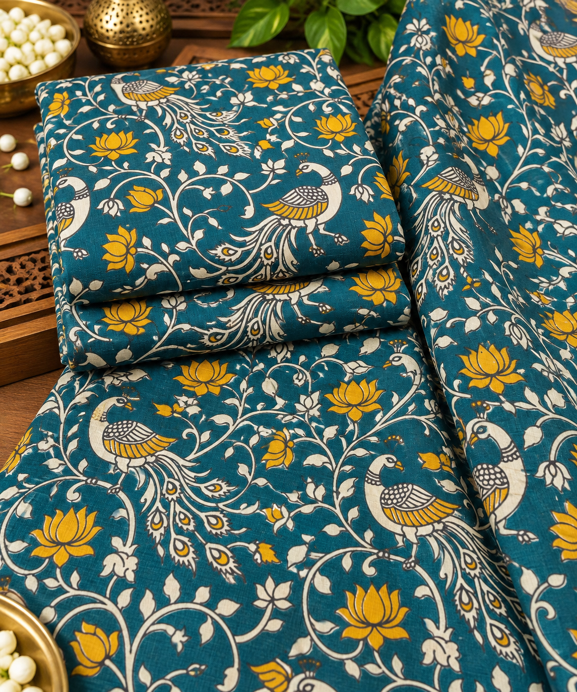 Teal Peacock & Lotus Kalamkari Print Fabric
